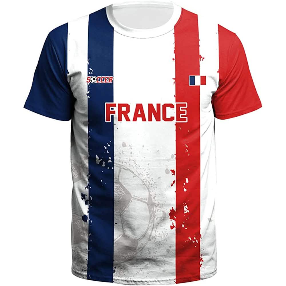 World Cup 2022 France soccer jersey for men; white with blue and red vertical stripes on Tampa Home & Garden Store