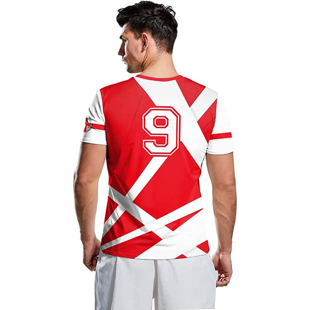 World Cup 2022 Soccer Jersey, red with white diagonal stripes and number 9 on back, men's top on Tampa Home & Garden Store
