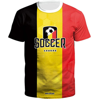 Men's soccer jersey with Belgium flag colors black yellow red and front Soccer League graphic on Tampa Home & Garden Store