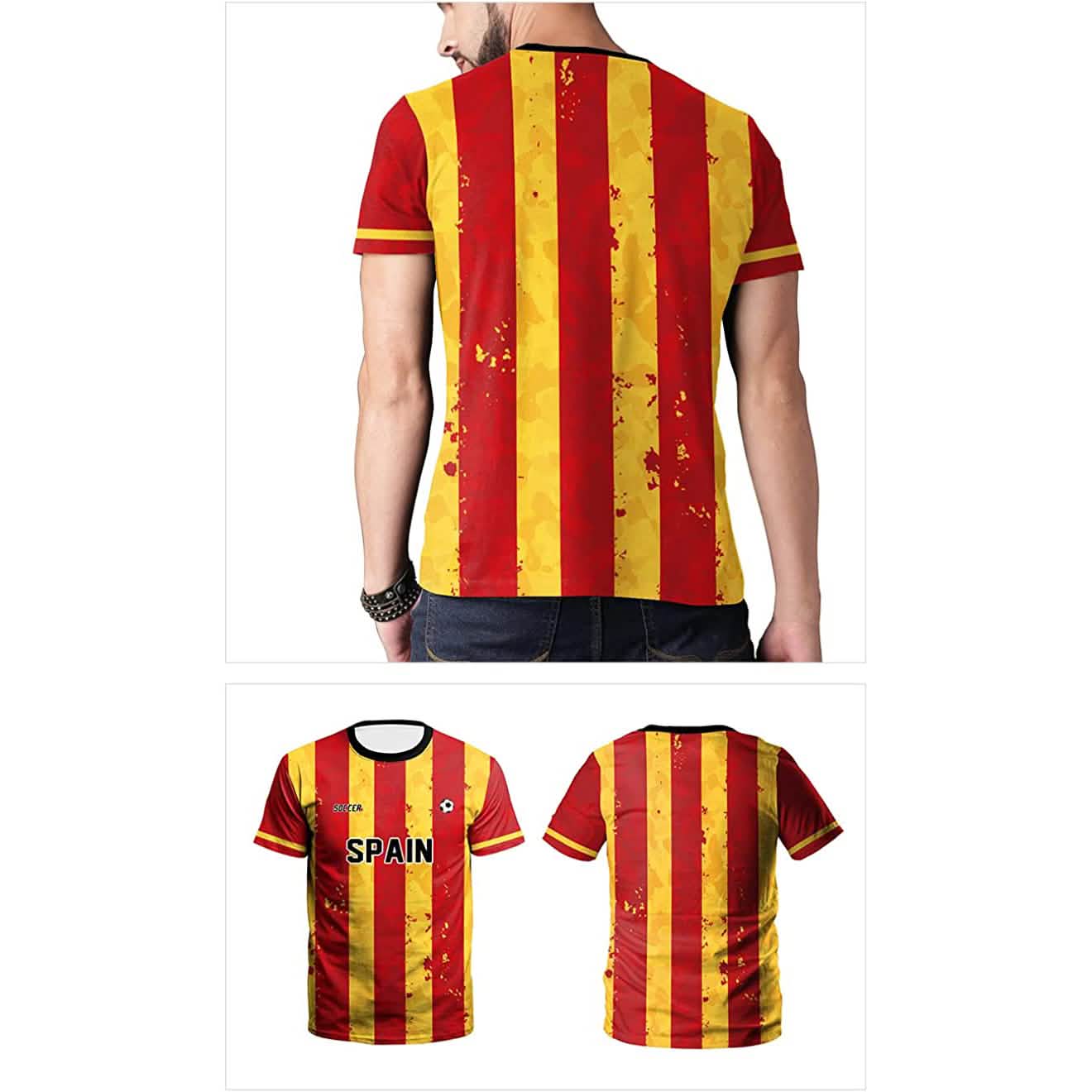 World Cup 2022 Spain soccer jersey set red and yellow vertical stripes front and back views (3 tops) on Tampa Home & Garden Store