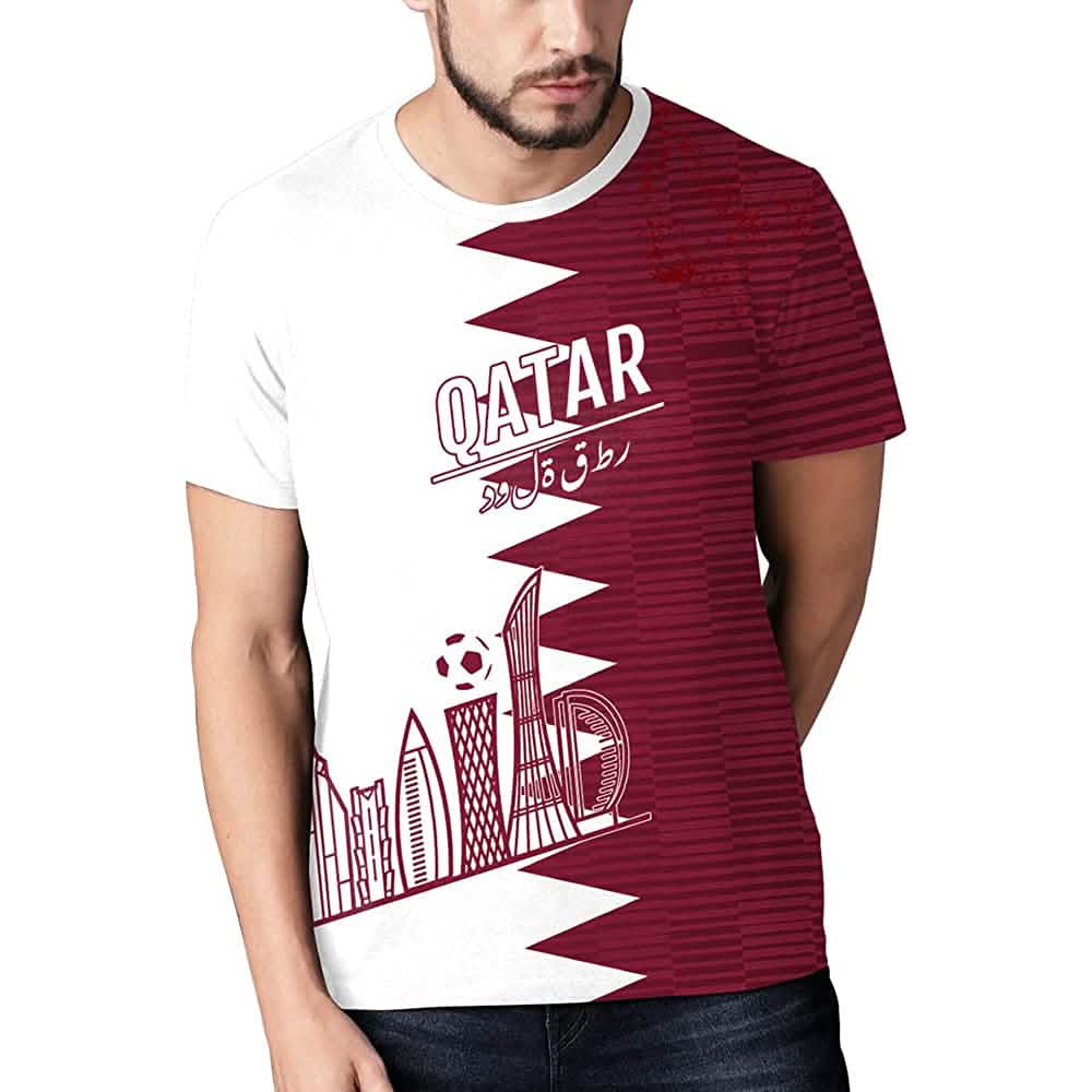 World Cup 2022 Qatar soccer jersey T-shirt with white maroon and skyline graphic by DailySale on Tampa Home & Garden Store