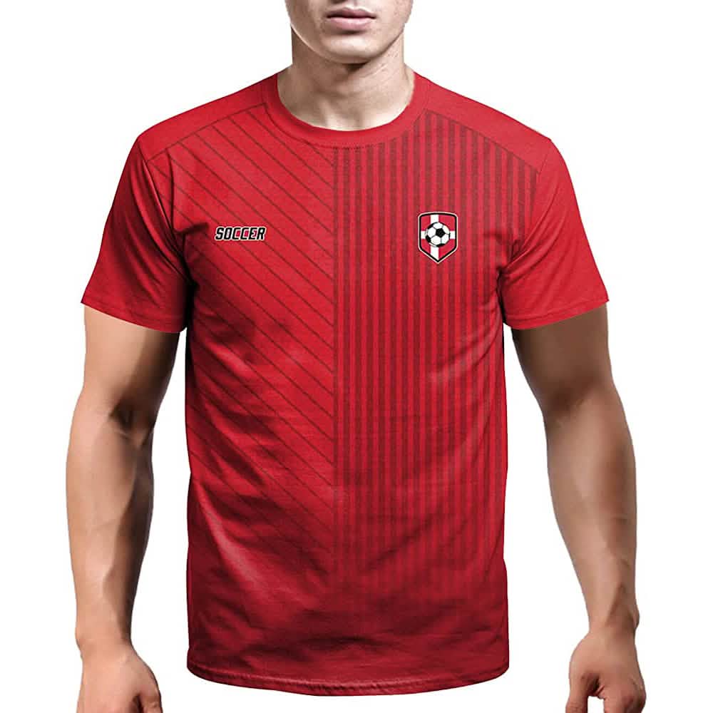 World Cup 2022 soccer jersey men's red top with diagonal stripes and crest logo DailySale on Tampa Home & Garden Store