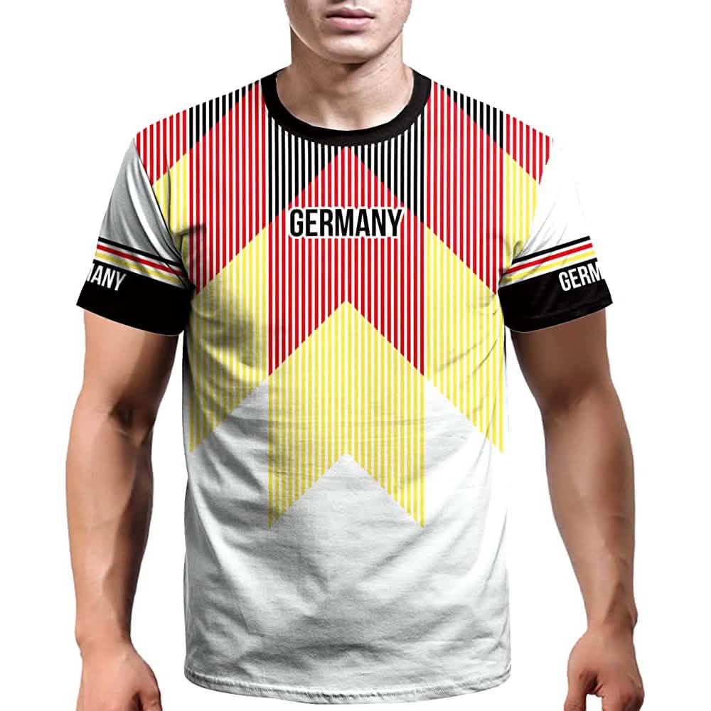 Men's Germany World Cup 2022 jersey T-shirt with bold red yellow black chevrons on white on Tampa Home & Garden Store