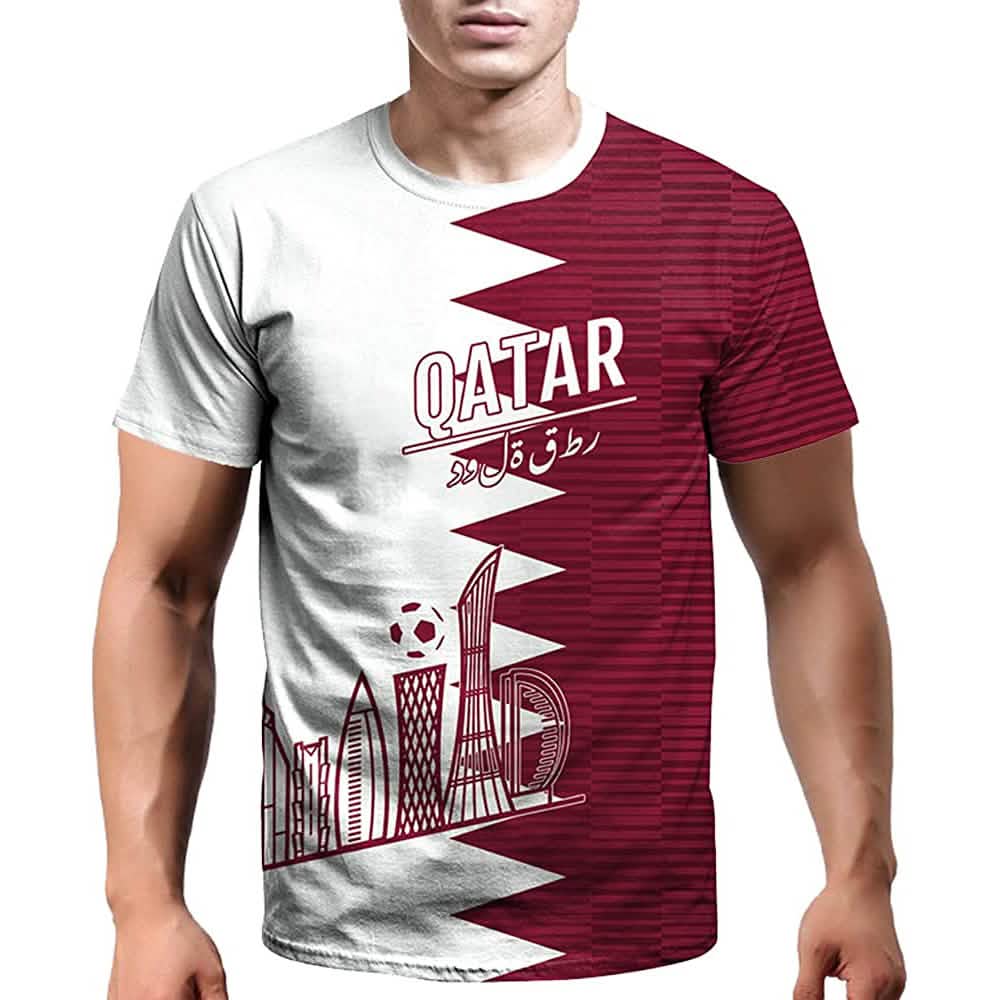 Men's World Cup 2022 Qatar jersey T-shirt in white and maroon with skyline graphic on Tampa Home & Garden Store