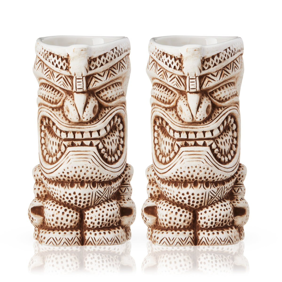 Viski Pacific High Tide tiki mugs set of 2, carved ceramic with brown geometric patterns on Tampa Home & Garden Store