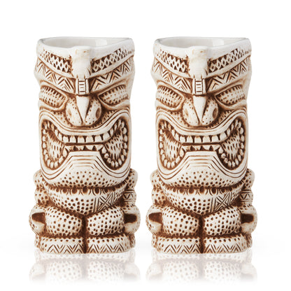 Viski Pacific High Tide tiki mugs set of 2, carved ceramic with brown geometric patterns on Tampa Home & Garden Store