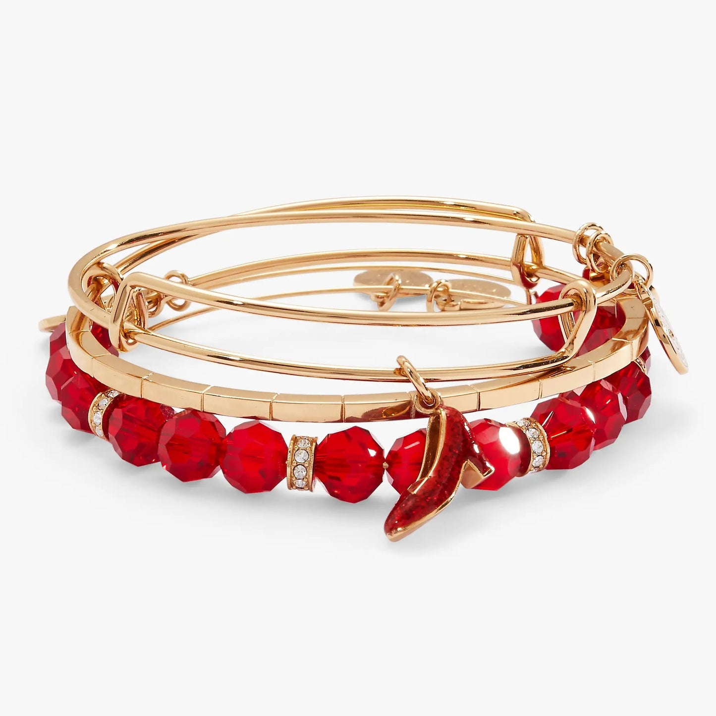 Dorothy bangles set of 3 by ALEX AND ANI in rose gold tones with red beads on Tampa Home & Garden Store
