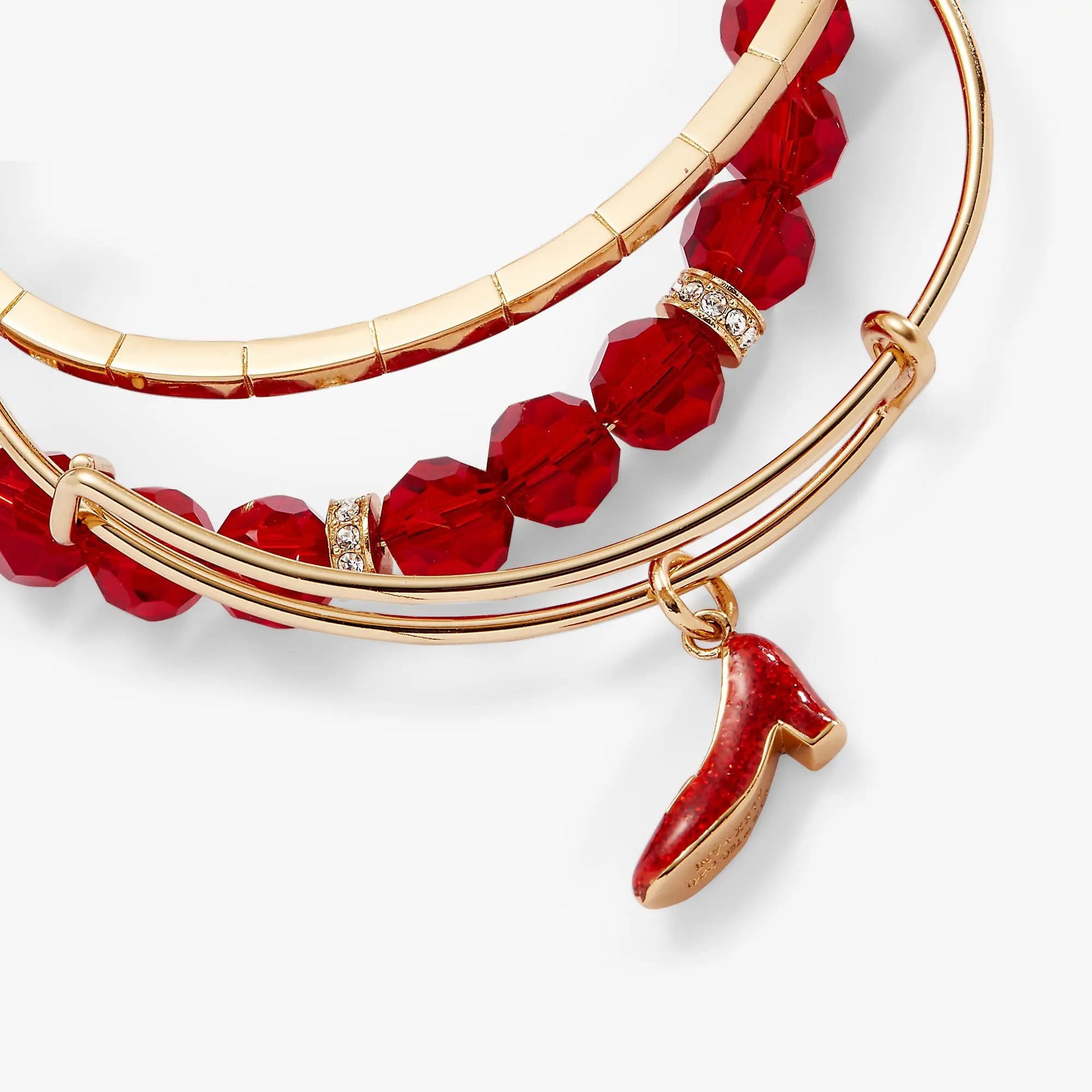 Dorothy bangles set of 3 by ALEX AND ANI, gold-tone bracelets with red faceted beads on Tampa Home & Garden Store