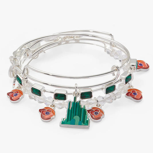 Bracelets Wizard of Oz Emerald City bangles set of 3 with emerald-green stones and flower charms on Tampa Home & Garden Store