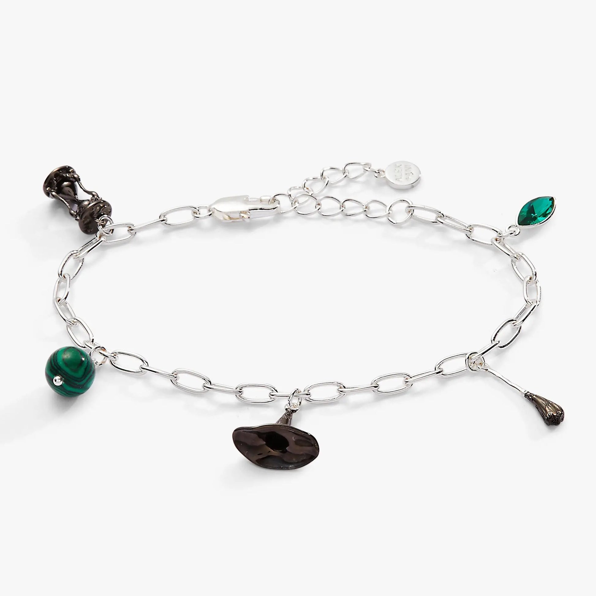 Wicked Witch Charm Bracelet by ALEX AND ANI with silver chain and green and brown stones on Tampa Home & Garden Store