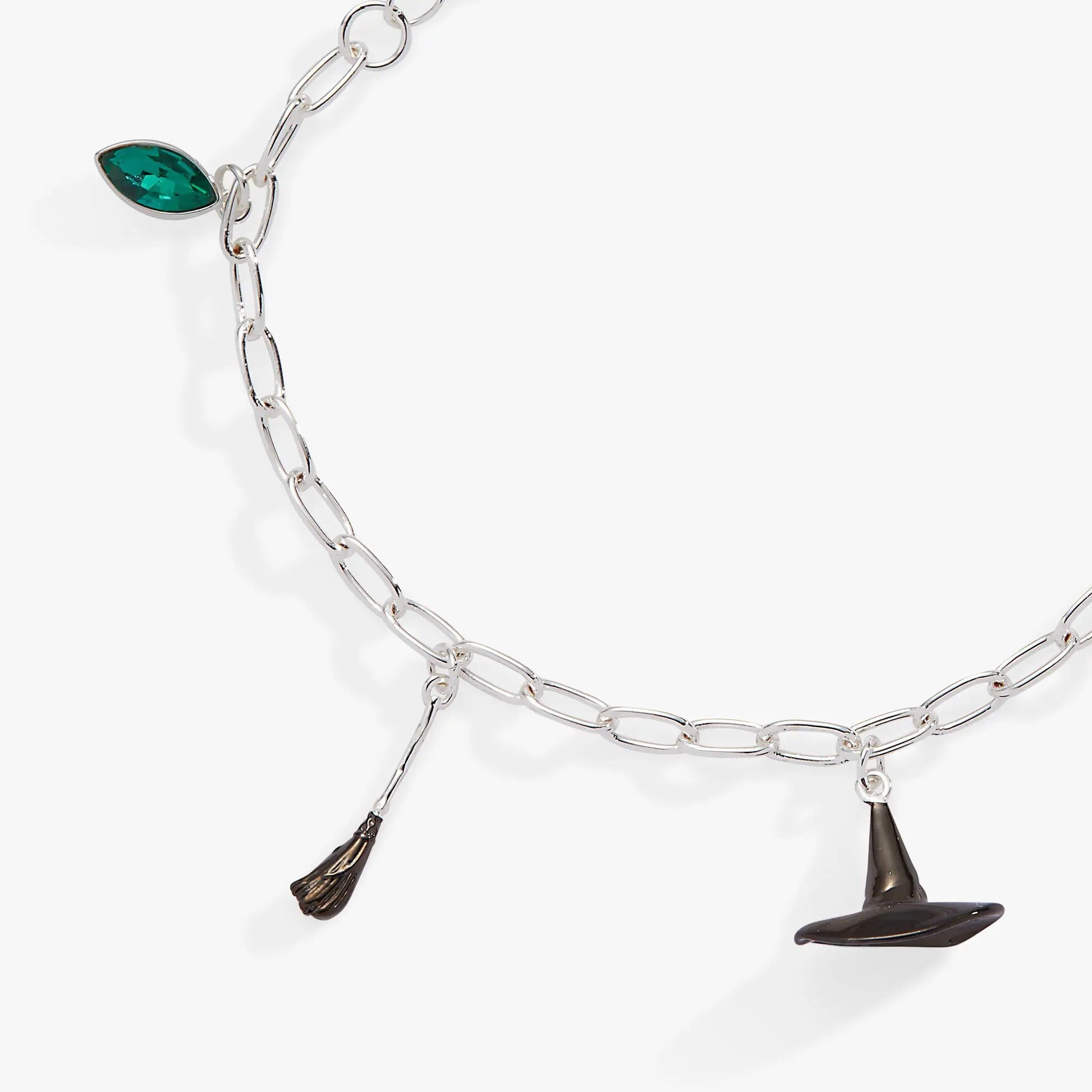 The Wizard of Oz Wicked Witch Charm Bracelet, silver chain with emerald gem and tassel charms on Tampa Home & Garden Store