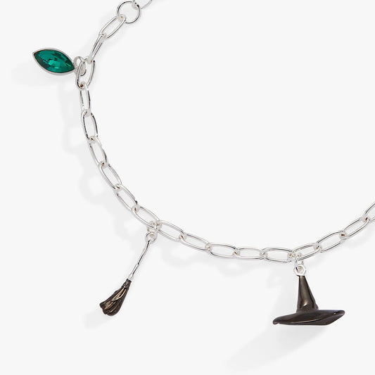 The Wizard of Oz Wicked Witch Charm Bracelet, silver chain with emerald gem and tassel charms on Tampa Home & Garden Store