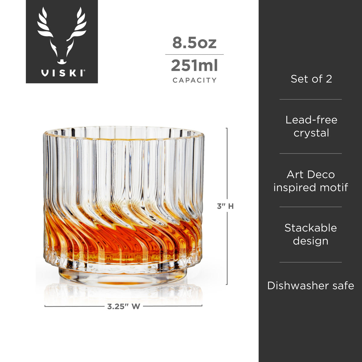 Zephyr crystal lowball tumblers by Viski, set of 2, ribbed amber swirl pattern on Tampa Home & Garden Store