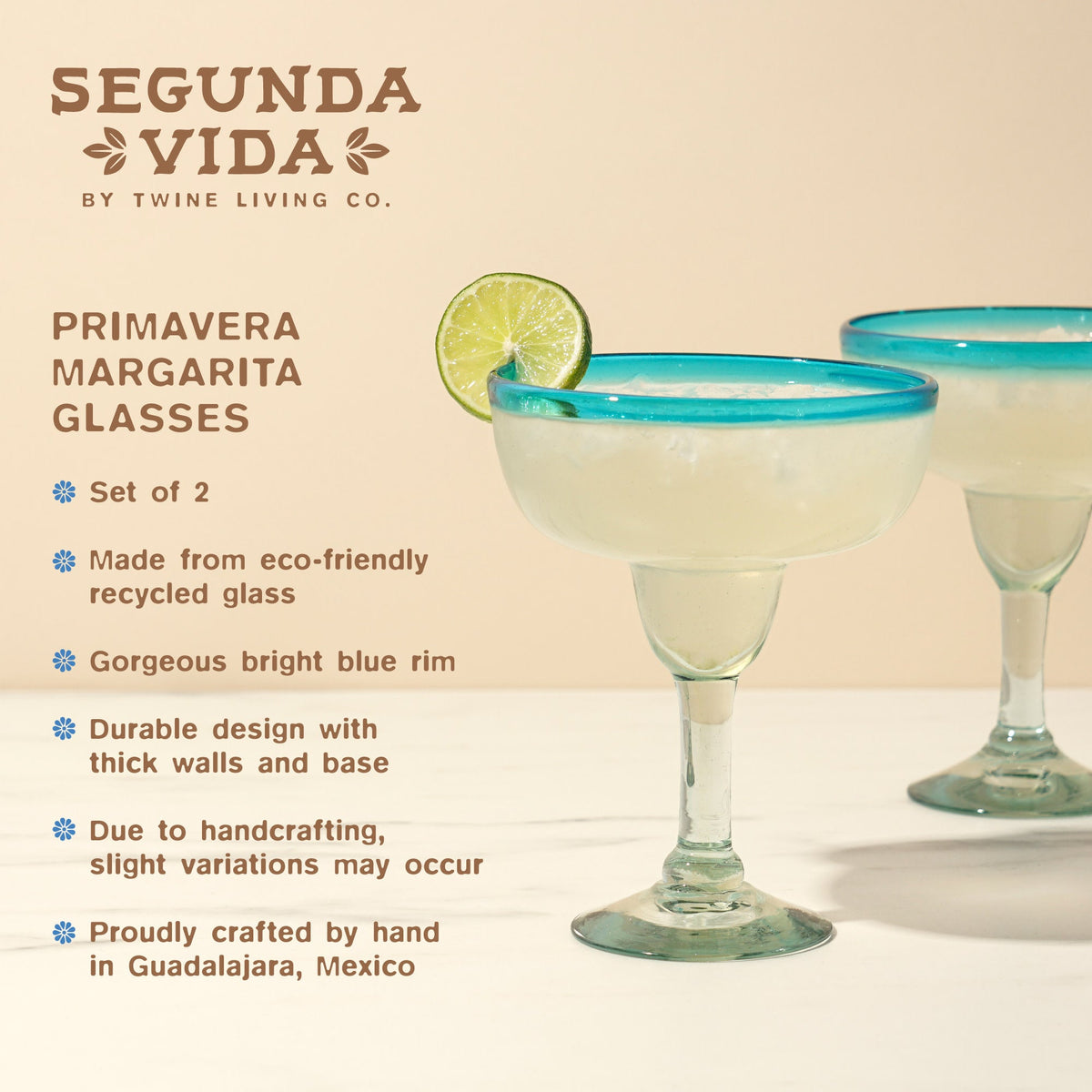 Segunda Vida Margarita Glasses set of 2 turquoise rims recycled glass by Twine Living on Tampa Home & Garden Store