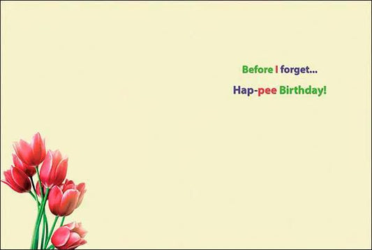 Hap-pee Birthday Card with Glitter Design; pink tulip edge on pale yellow background on Tampa Home & Garden Store