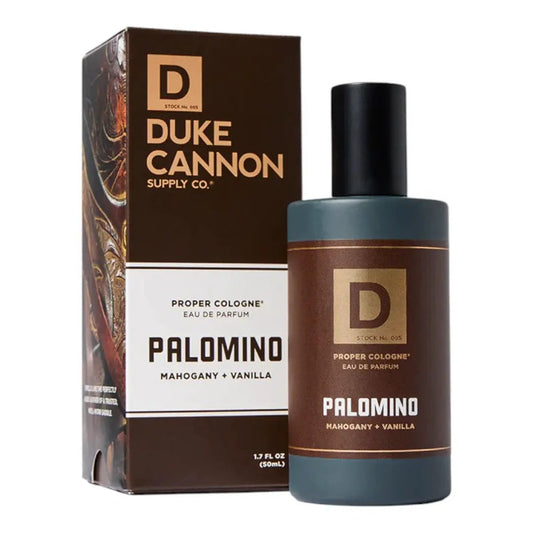 Duke Cannon Palomino Proper Cologne bottle and box, mahogany vanilla scent on Tampa Home & Garden Store