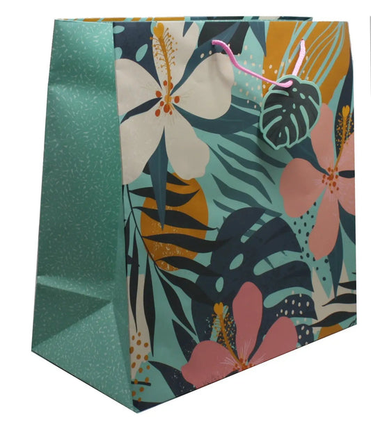 Three Piece Floral Gift Bag Set tropical print with teal panel and pink ribbon handles on Tampa Home & Garden Store