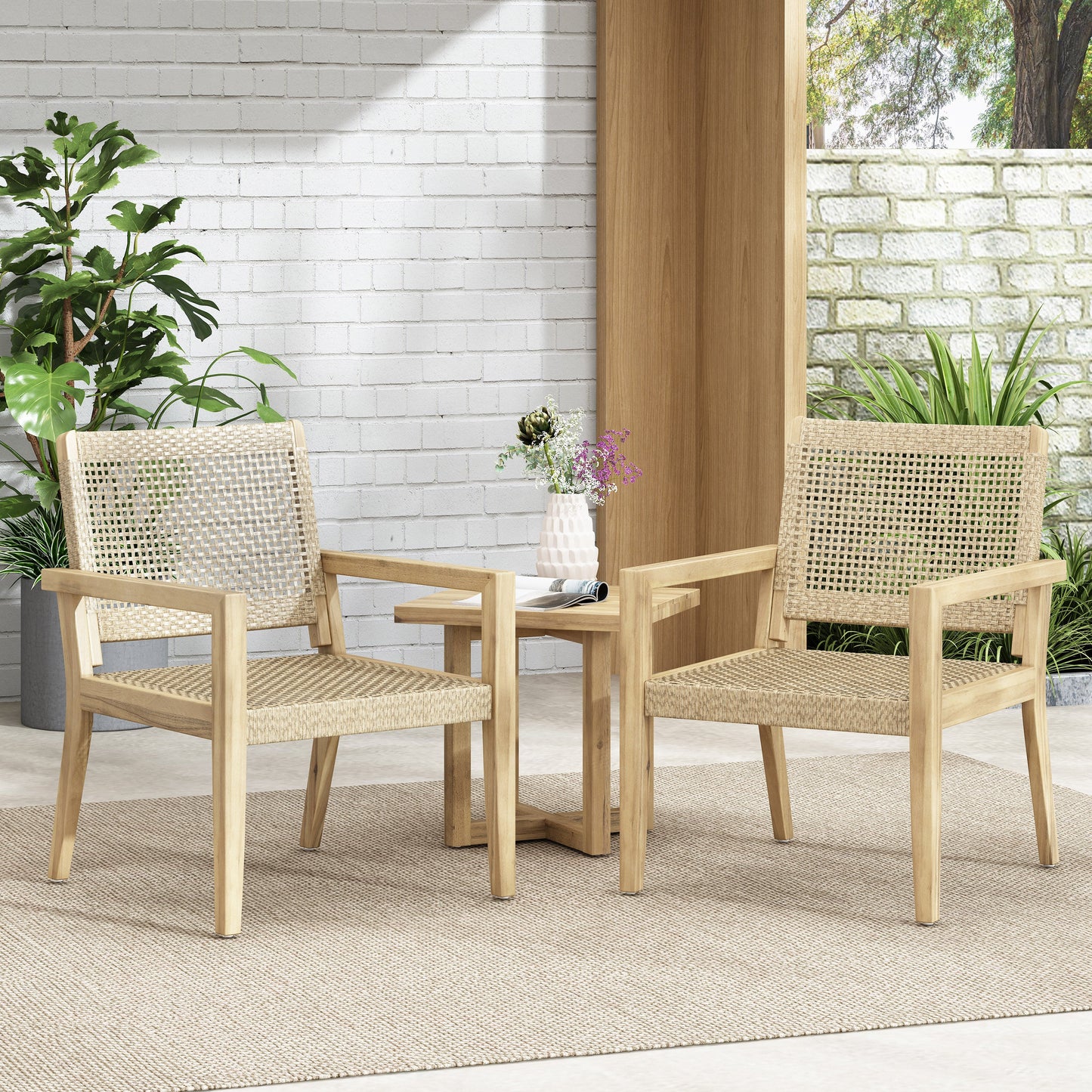 Outdoor Wicker and Acacia Wood Club Chairs