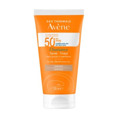 Avene Cleanance SPF 50+ tinted sunscreen tube in orange packaging for oily acne-prone skin on Tampa Home & Garden Store