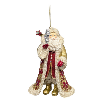 Standing Santa ornament with snowflake bouquet and glitter trim by Country Christmas Loft on Tampa Home & Garden Store