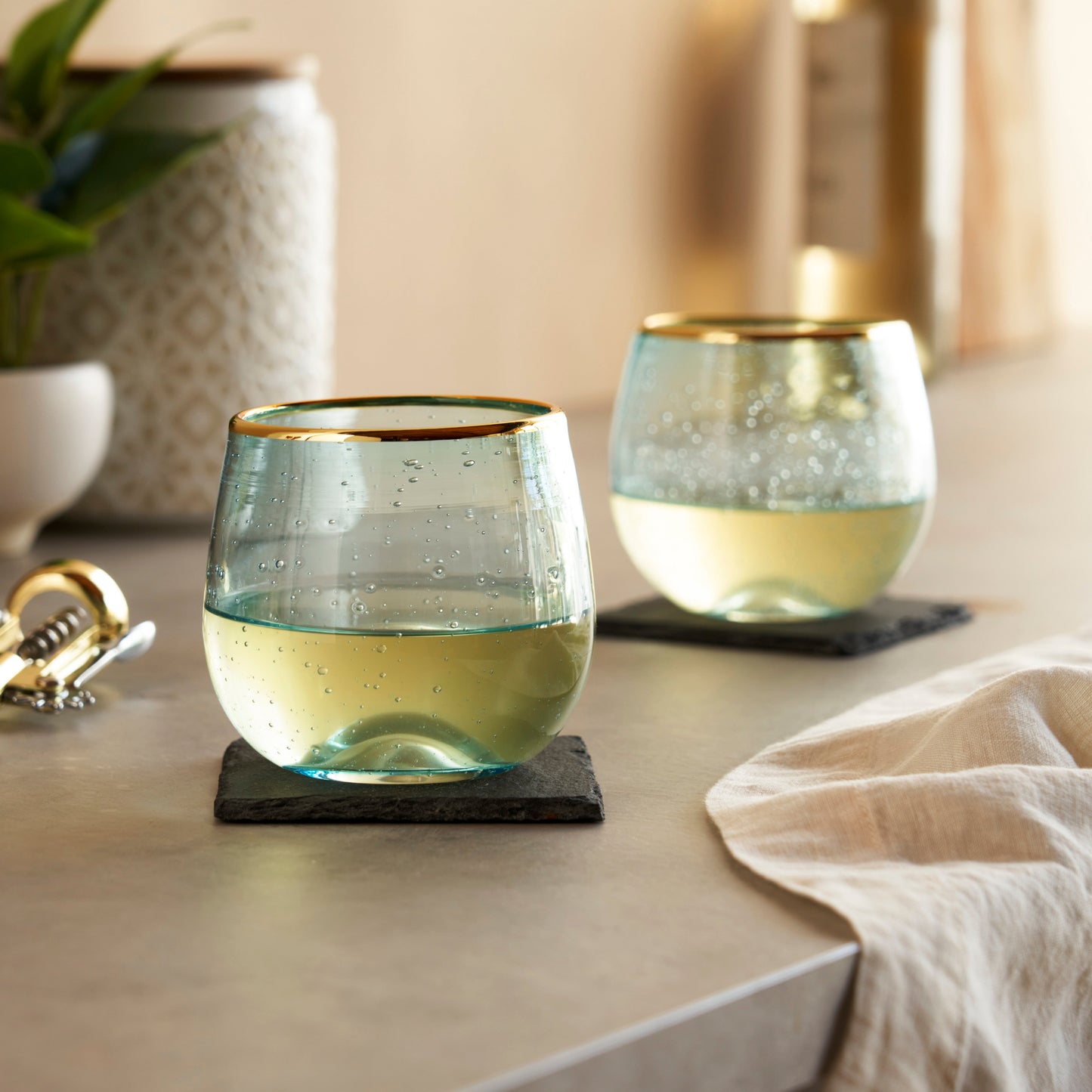 Aqua Bubble Stemless Wine Glasses and Gold Rim