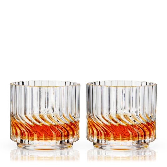 Zephyr Crystal Lowball Tumblers, Viski set of 2 with amber orange swirl pattern on Tampa Home & Garden Store