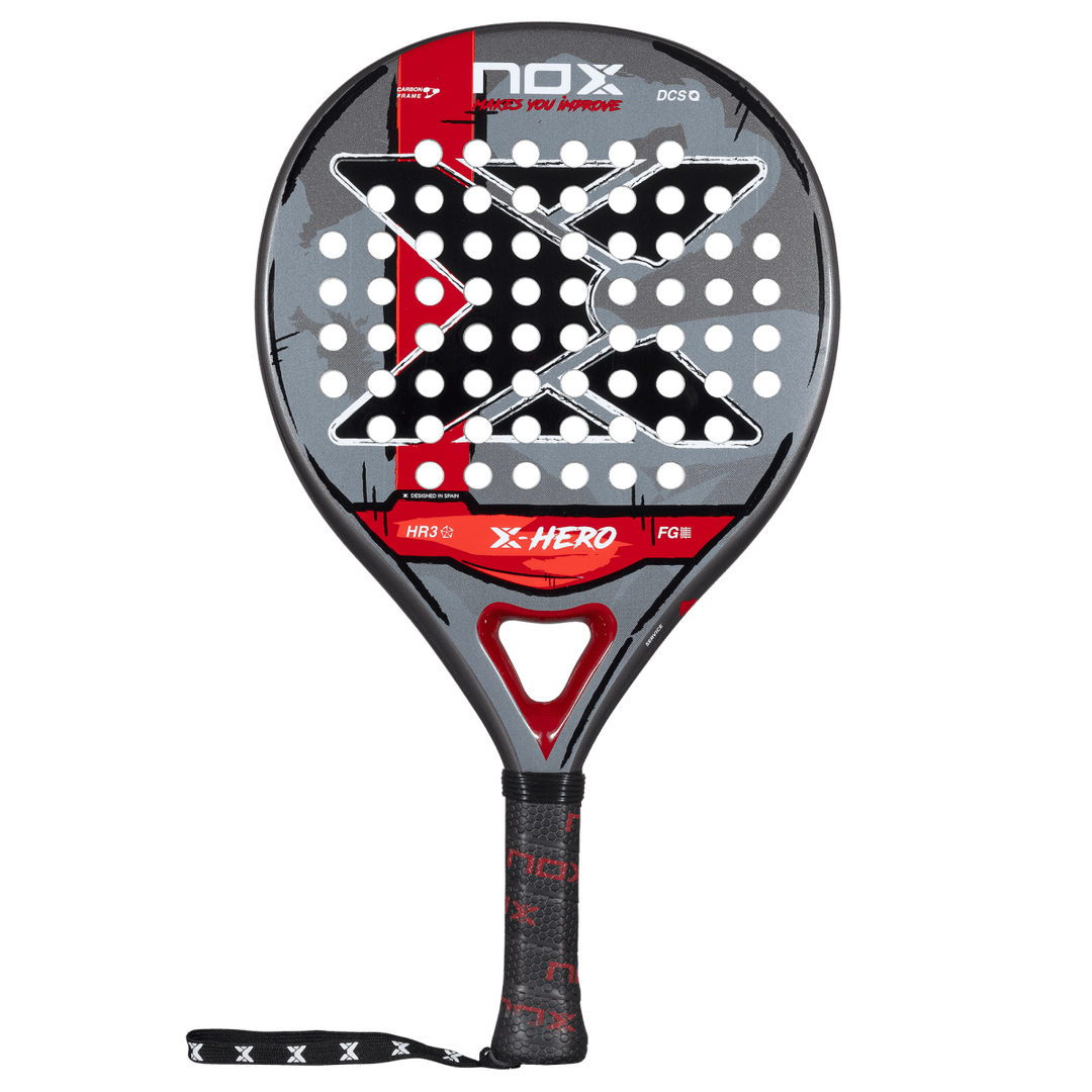 NOX X Hero Red 2026 padel racket with gray/red design and hitting surface by Racket Central on Tampa Home & Garden Store