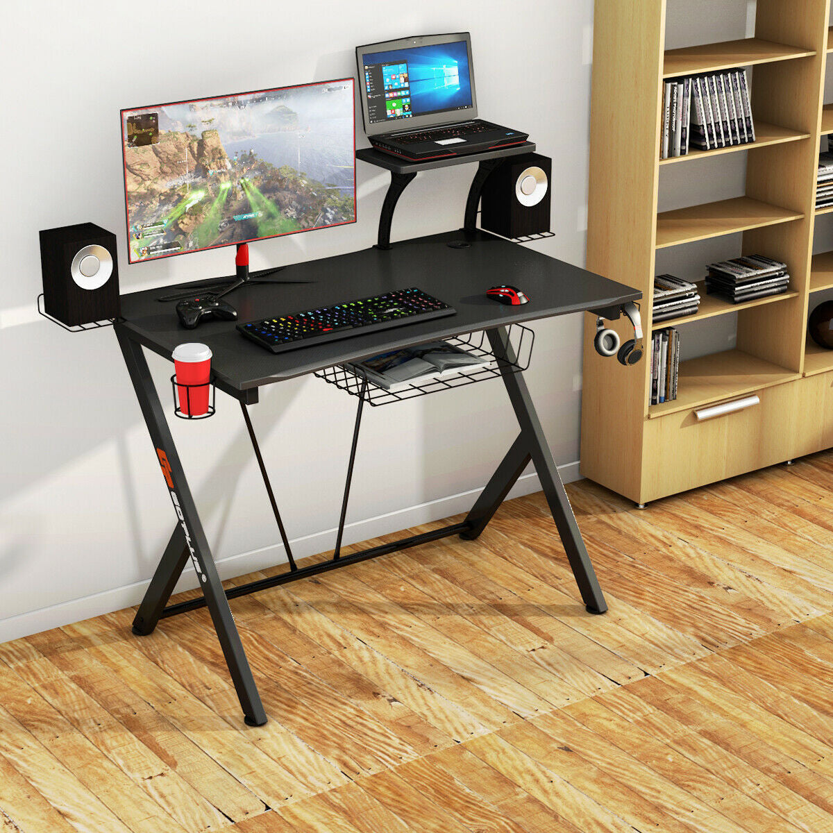 Escritorio de juegos e-sports multifuncional con soporte para auriculares y portavasos