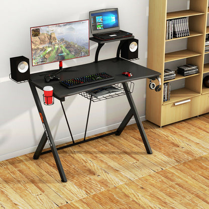 Escritorio de juegos e-sports multifuncional con soporte para auriculares y portavasos
