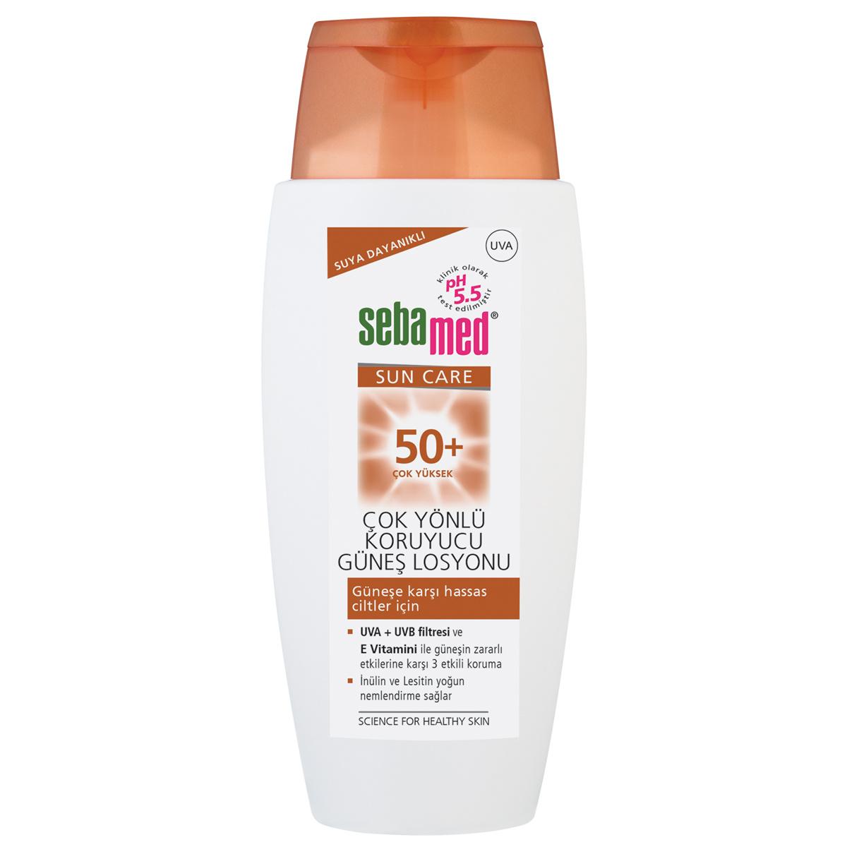 Sebamed Sunscreen Lotion SPF 50+ water resistant bottle with orange cap UVA/UVB protection on Tampa Home & Garden Store