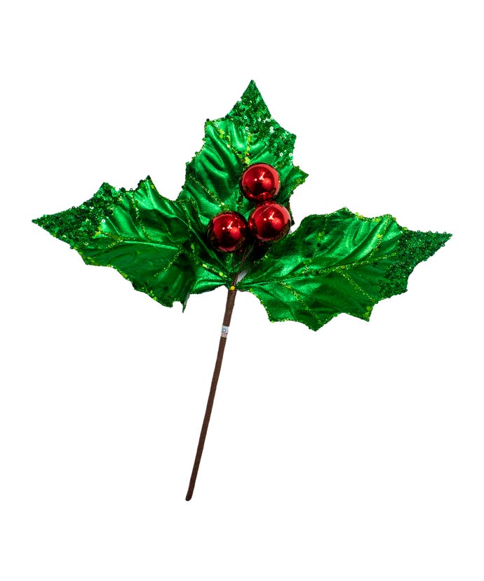 Hoja de acebo verde con púa de bayas rojas