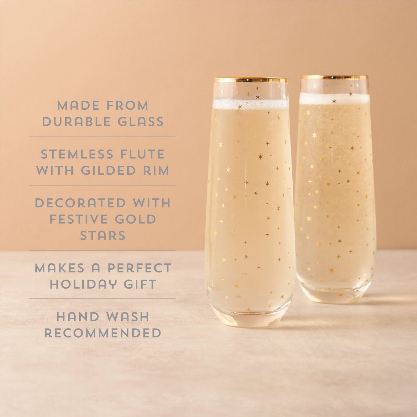 Gold Star and Celestial Stemless Champagne Flutes