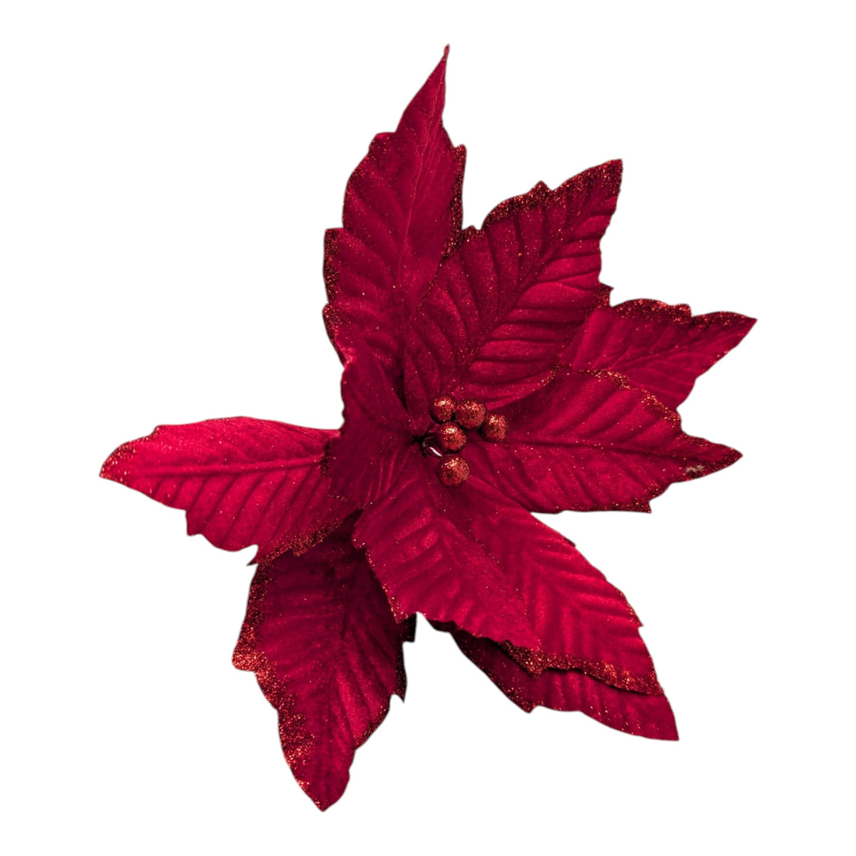 Red poinsettia pick with glitter bracts, 12in bloom on 10in stem, artificial flowering plant on Tampa Home & Garden Store