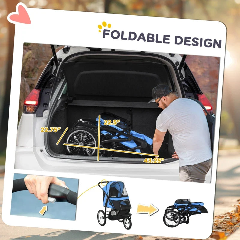 Blue 3-Wheel Pet Stroller for small to medium dogs, foldable design shown loading from car trunk on Tampa Home & Garden Store
