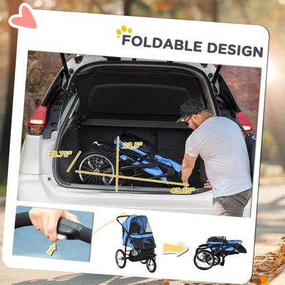 Blue 3-Wheel Pet Stroller for small to medium dogs, foldable design shown loading from car trunk on Tampa Home & Garden Store