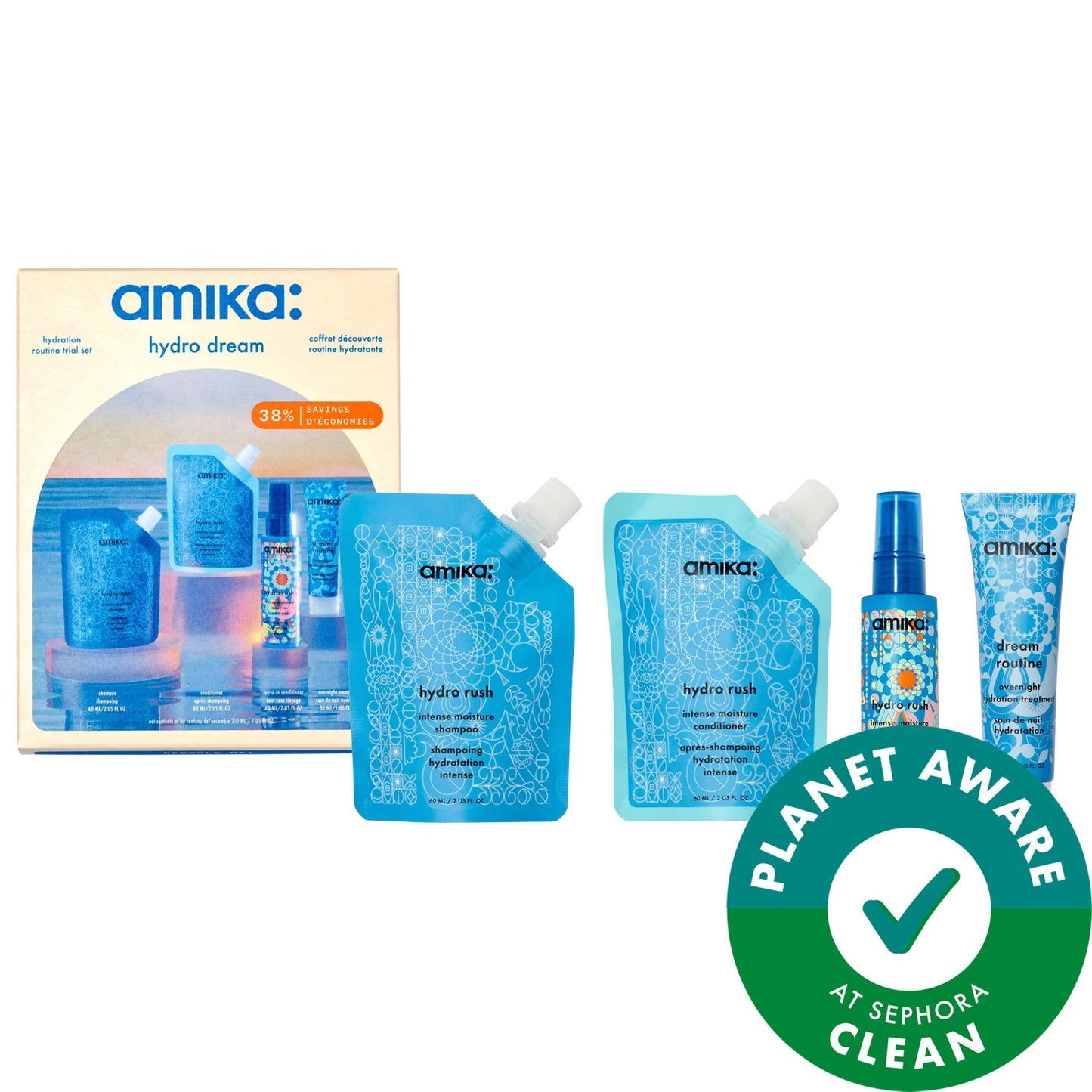 amika hydro dream hydrating hair care set with blue refill pouches boxed kit on Tampa Home & Garden Store