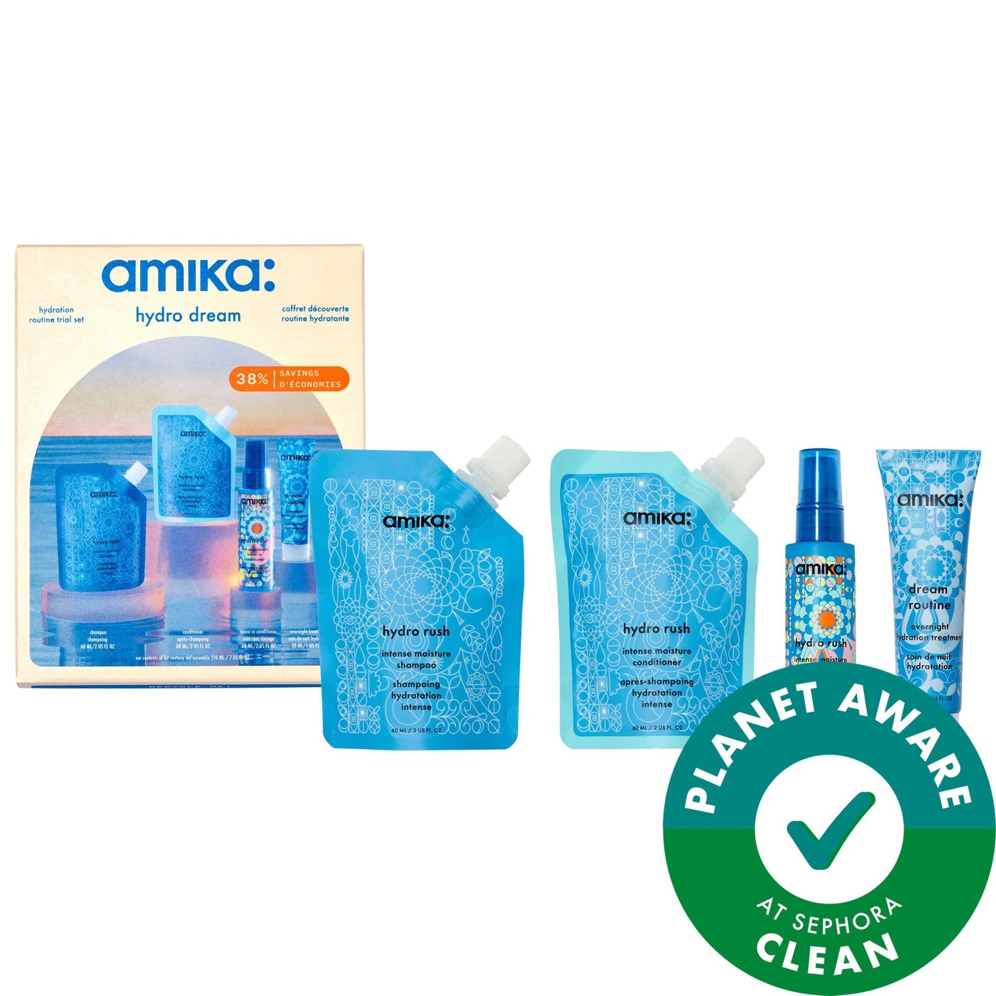 amika hydro dream hydrating hair care set with blue refill pouches boxed kit on Tampa Home & Garden Store