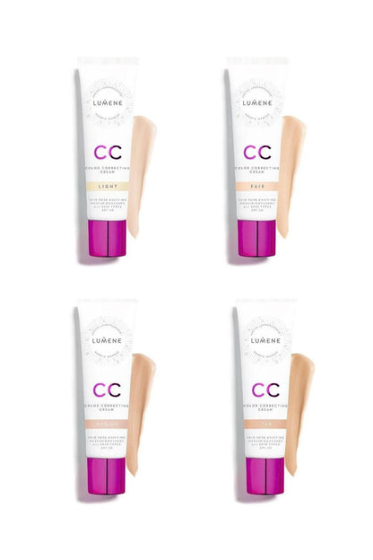 Lumene CC Cream Foundation quartet in Light, Fair, Medium, Tan shades with pink caps on Tampa Home & Garden Store