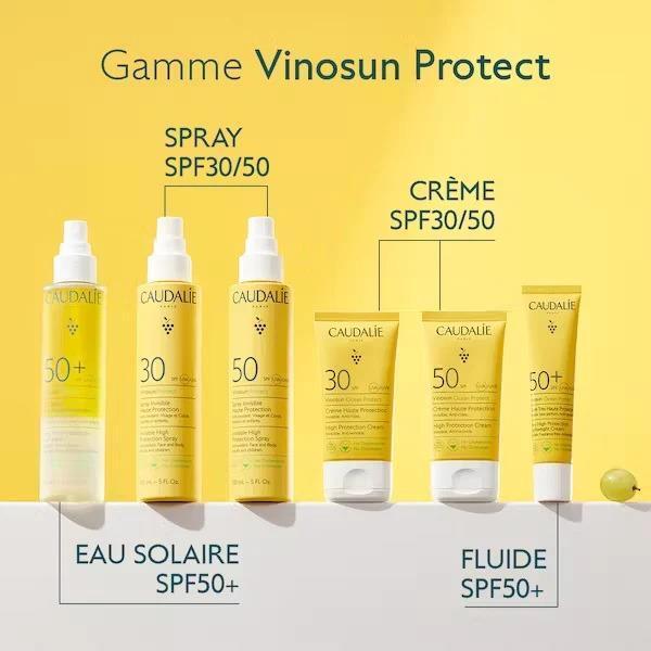 Caudalie Vinosun Protect sunscreen lineup with yellow spray bottles and cream tubes SPF 30–50 on Tampa Home & Garden Store