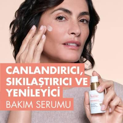 Avène DermAbsolu anti-aging facial serum bottle (1.01 fl oz) with gold cap, a woman applying serum on Tampa Home & Garden Store