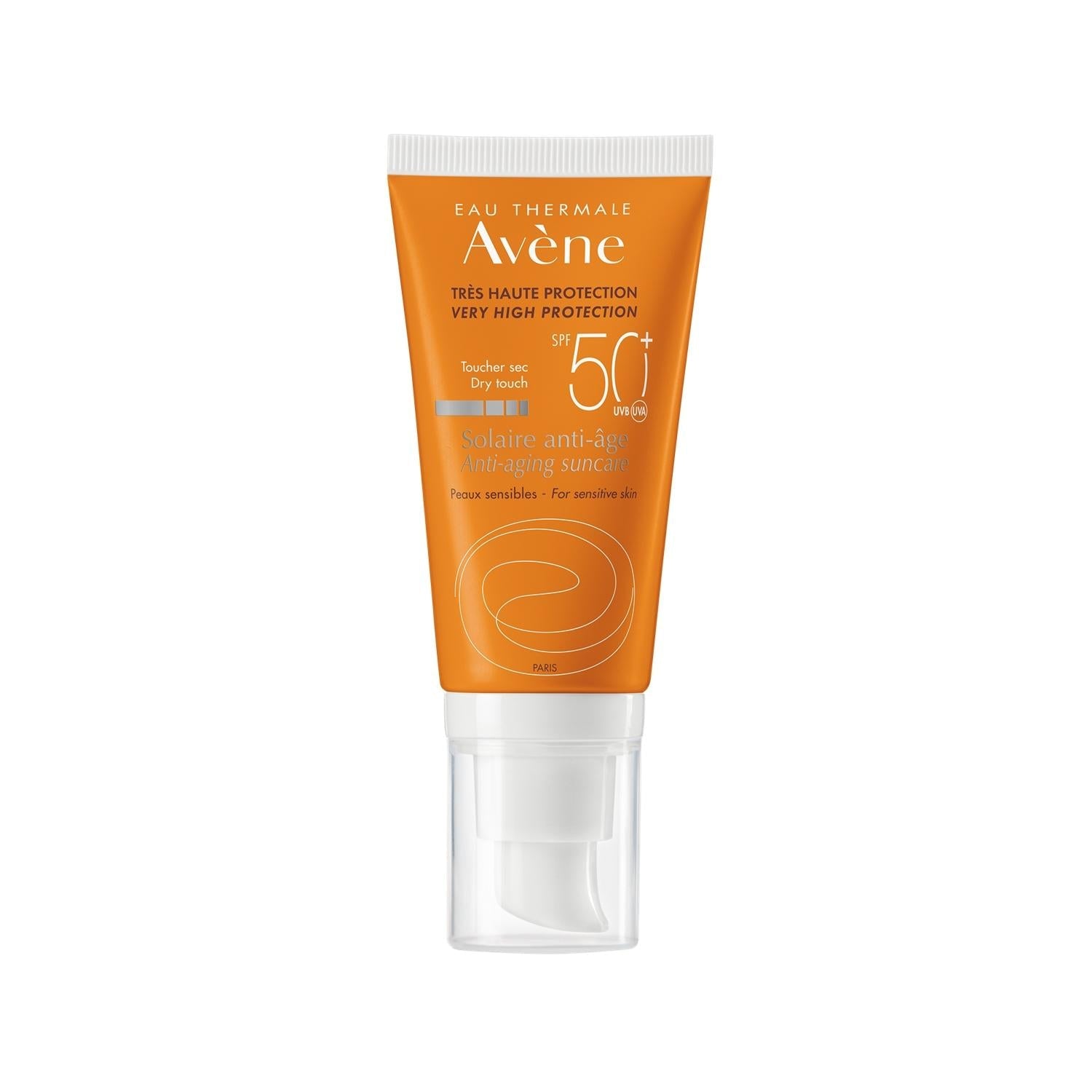 Avène anti-aging sunscreen SPF 50+ tube orange with white cap 1.69 fl oz on Tampa Home & Garden Store