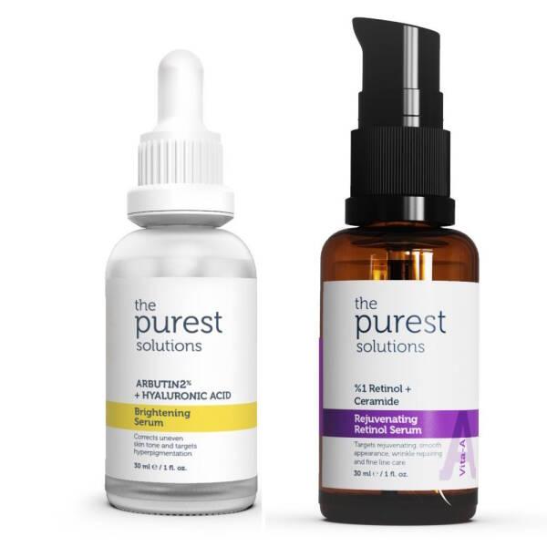 The Purest Solutions Serum Set: Arbutin Serum in white bottle and Retinol Serum in amber pump bottle on Tampa Home & Garden Store