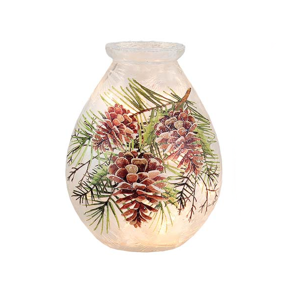 Lighted 5 inch glass vase with frosted finish and pinecone decor by The Country Christmas Loft on Tampa Home & Garden Store