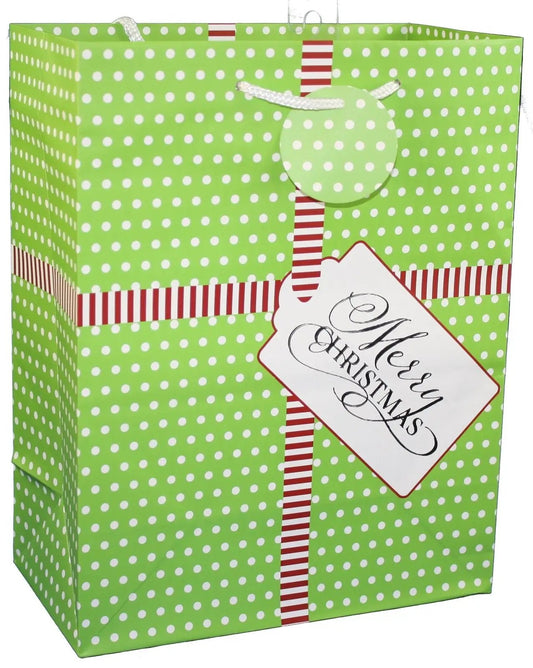 Gift bag green with polka dots, white rope handles, red striped ribbon, Merry Christmas tag on Tampa Home & Garden Store