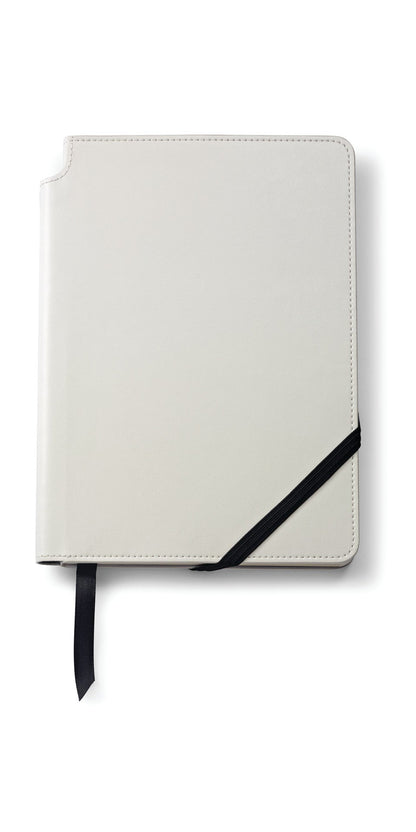 Medium Classic White Journal by A.T. Cross with leatherette cover and black elastic strap on Tampa Home & Garden Store