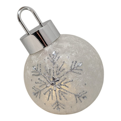 Frosted Cream Lighted Snowflake Glass Ornament with silver glitter snowflake pattern and chrome cap on Tampa Home & Garden Store