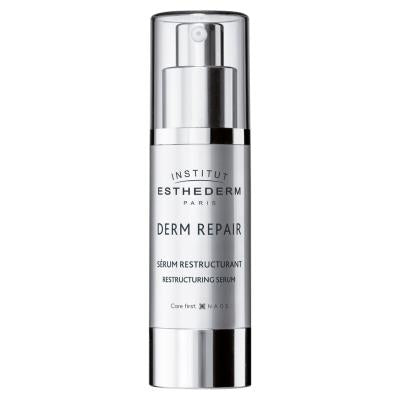 Esthederm Derm Repair Restructuring Serum bottle with silver pump, white container, face serum on Tampa Home & Garden Store