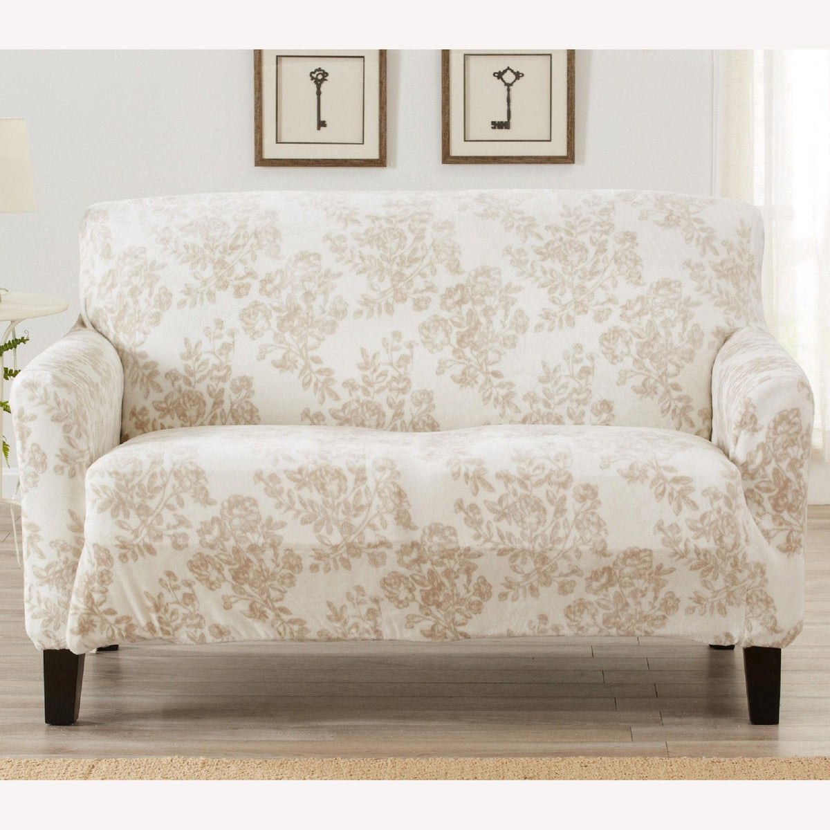 Velvet Stretch Slipcover Gale Collection beige floral sofa cover by Great Bay Home on Tampa Home & Garden Store