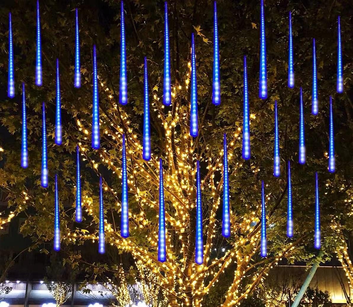 Meteor Lighting blue 480 LED 10-piece hanging tube lights over tree with warm lights on Tampa Home & Garden Store