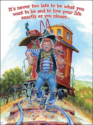 Birthday Card Never Too Late for You, cowboy on train car, The Country Christmas Loft on Tampa Home & Garden Store